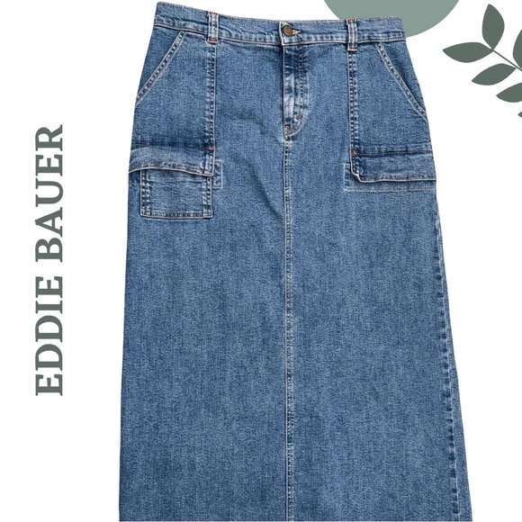 Women’s Eddie Bauer Maxi Denim Cargo Skirt Size 42 US Medium Blue Jean Skirt - Picture 3 of 4